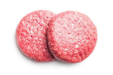 Raw burger beef patties isolated on white background.