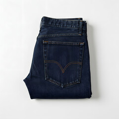 Folded pair of dark blue jeans isolated on white background