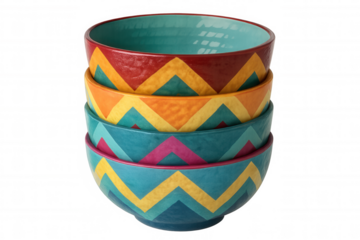 Four colorful ceramic bowls with a chevron pattern stacked on a transparent background, ready for your designs