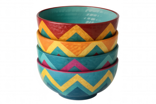 Four colorful ceramic bowls with a chevron pattern stacked on a transparent background, ready for your designs