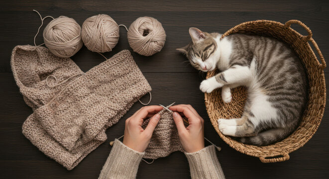 Overhead shot of woman knitting while a cat naps in basket, yarn and knitting tools nearby.
