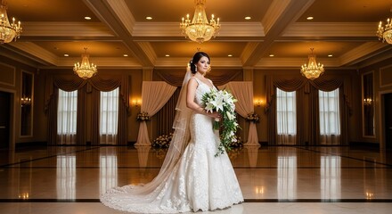 Elegant Bride with Lily Bouquet in Grand Ballroom Setting