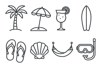 Beach icons: palm, umbrella, cocktail, surfboard, flip-flops, shell, hammock, snorkel