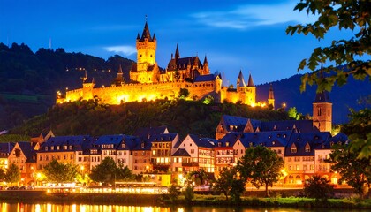 Fototapeta premium Medieval castle at night, town by the river