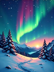 Vibrant northern lights illuminate a snowy forest under a starry winter night sky.