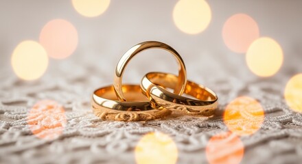 Intertwined Gold Wedding Rings on Lace with Bokeh Lights