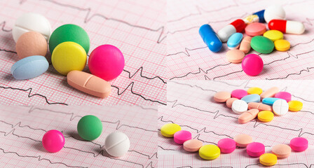collage of colored pills on cardiogram background