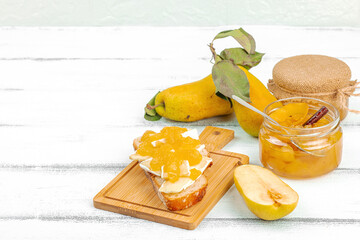 Homemade pear jam, confiture, marmalade. Sweet dessert, preserve food. Ripe farm fruits