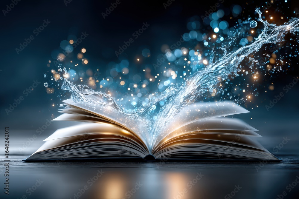 Poster magic comes alive as water splashes from an open book in a dark setting