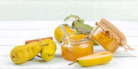 Homemade pear jam, confiture, marmalade. Sweet dessert, preserve food. Ripe farm fruits