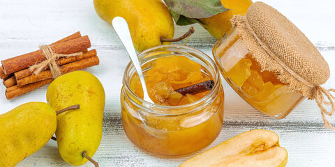 Homemade pear jam, confiture, marmalade. Sweet dessert, preserve food. Ripe farm fruits