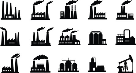 Industrial factory and refinery silhouette icons with chimneys, smoke, storage tanks, and oil pump equipment