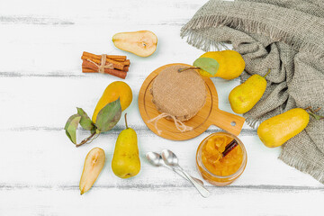 Homemade pear jam, confiture, marmalade. Sweet dessert, preserve food. Ripe farm fruits