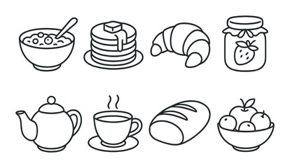 Black and white breakfast icons: cereal, pancakes, croissant, jam, tea, coffee, bread, fruit