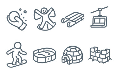 Winter icons featuring mittens, sled, snowboarder, igloo, and more