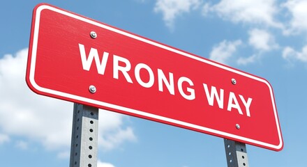 Obraz premium Bright red Wrong Way sign against a blue sky with fluffy clouds a symbol of error mistakes bad decisions warning and being misguided representing challenges and failure