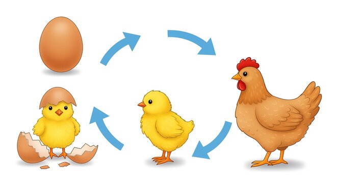Life Cycle of a Chicken Cartoon Illustration Featuring Egg Chick and Hen Growth Stages with Circular Blue Arrows