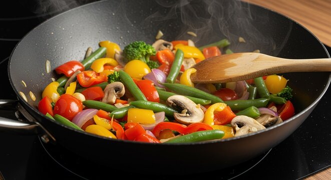Colorful Vegetable Stir Fry in a Wok with Steam and Wooden Spoon Preparing a Healthy Vegetarian Meal on a Modern Induction Cooktop - Powered by Adobe