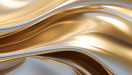 Abstract flowing liquid metal with gold and silver metallic waves and curves