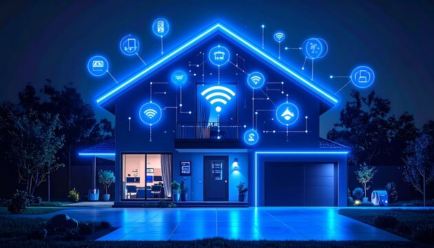 Smart home at night, illuminated by blue light