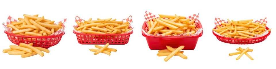 French fries in red plastic serving baskets lined with red and white checkered paper, isolated on...