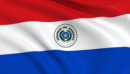 Obraz premium Paraguay flag with red, white, and blue horizontal stripes and central emblem featuring star, wreath, and “República del Paraguay” text.