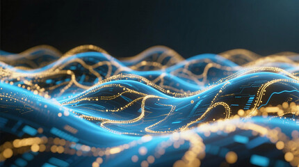 Abstract Representation of Machine Learning Algorithm: Blue and Gold Particle Waves