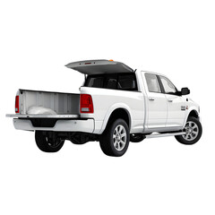 White pickup truck with open truck bed cover and tailgate showing cargo area isolated on transparent background