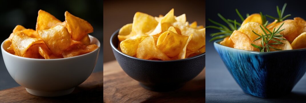 Golden crispy potato chips in variety of stylish bowls with rosemary garnish