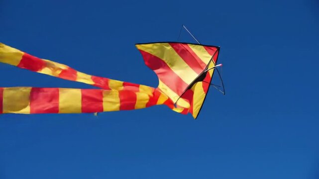 Kite Soaring in Blue Sky: A vibrant kite takes flight against a clear, azure sky, its dynamic design and colors adding a touch of playful energy and a celebration of freedom.