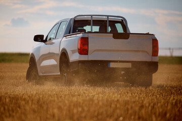 Back view of white pick-up truck in agricultural field. © Drazen