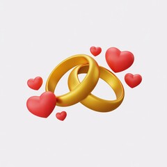Two gold rings with red hearts around romantic love and wedding concept. Valentine romantic 3d rings.