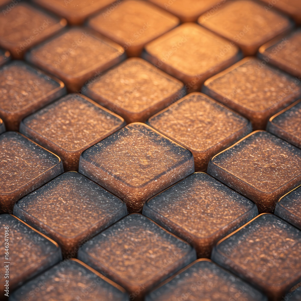 Poster abstract geometric tile pattern with a bronze and copper metallic texture, creating a modern and dec