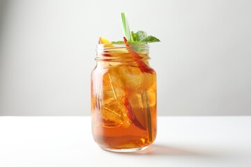 Refreshing iced peach tea with mint in mason jar on white table, closeup