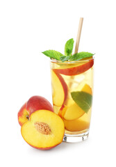 Fototapeta premium Tasty iced peach tea with mint in glass isolated on white