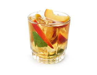 Refreshing iced peach tea in glass isolated on white
