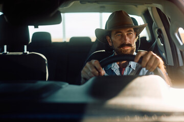 Pensive farmer behind steering wheel of pick-up truck.