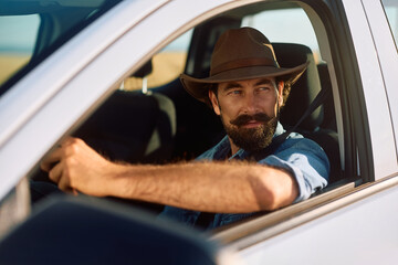 Pensive farm worker in pick-up truck looking away. © Drazen