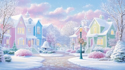 Charming winter village scene with pastel colored houses and snowfall.