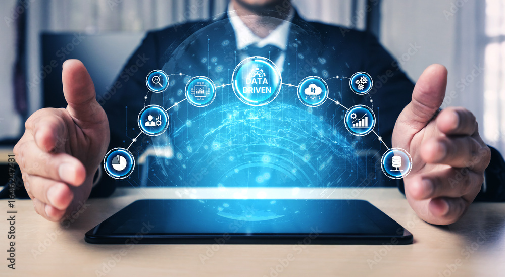 Poster data-driven decision-making empowers business through analytics, datum collection, and ai systems. d