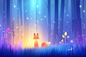 An adorable fox smiles in a beautiful, glowing, and whimsical forest setting.