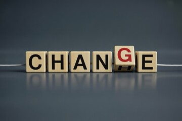Obraz premium Wooden cube flipping from word change to chance on blue table concept for opportunity and transformation.