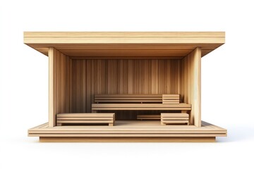 Rectangular sauna structure, architectural diagram style, precision wood detail, isolated on white background