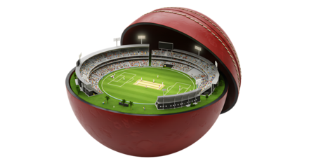 3D Cricket Ball Opening to Reveal Stadium On Isolated Transparent Background