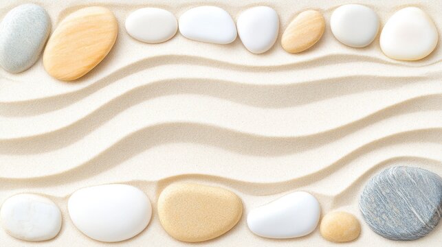 Pebbles artfully arranged on a sandy surface, showcasing nature's textures and patterns. - Powered by Adobe