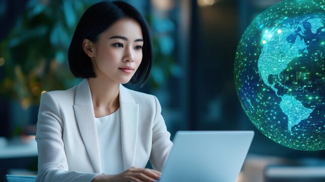 Businesswoman working on a laptop with a digital global network graphic.
