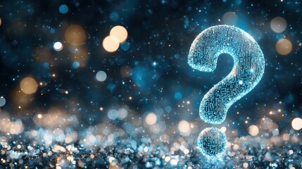 Illuminated question mark against a backdrop of shimmering bokeh and sparkling lights.