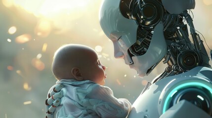 A robot tenderly holds a baby, a beautiful vision of a futuristic world.