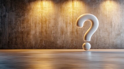 A 3d rendered white question mark stands against a concrete wall with spotlights.