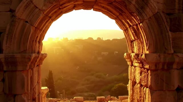 Ancient Arch at Sunset: The camera frames an ancient archway, revealing the splendor of a radiant sunset and a breathtaking vista. The archway's aged stones serve as a gateway to history and beauty.